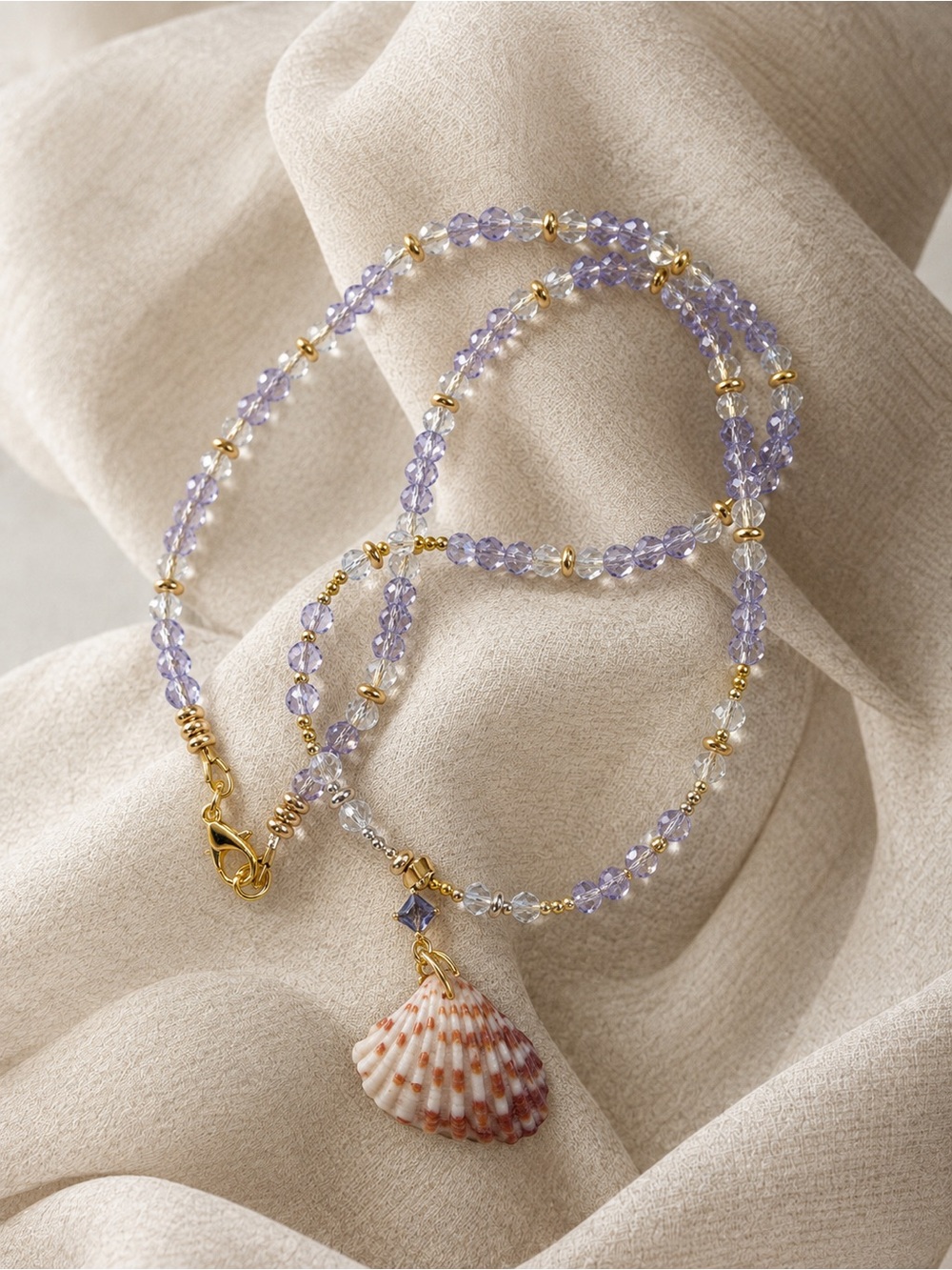 Delicate Lavender Beaded Necklace with Shell Pendant - Brand